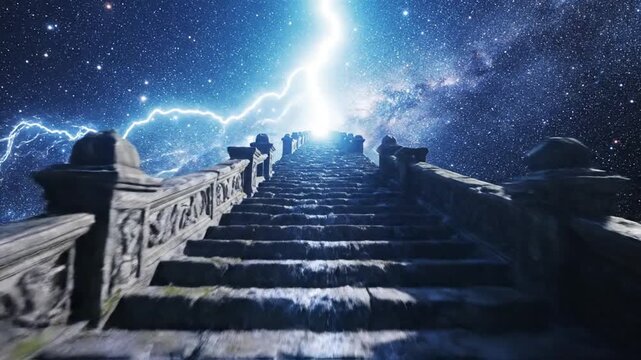 Stone stairs ascending into a starry night sky