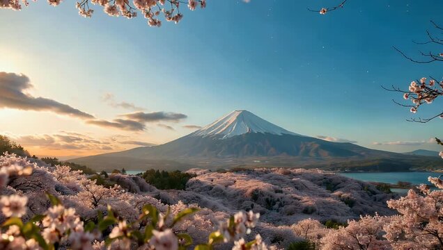 Majestic 4K Japanese landscape background featuring Mt Fuji framed by blooming cherry blossoms under golden sunrise captured high quality seamless loop for cultural video themes