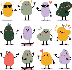 Fototapeta premium Cartoon pebble characters with expressions colorful vector illustration