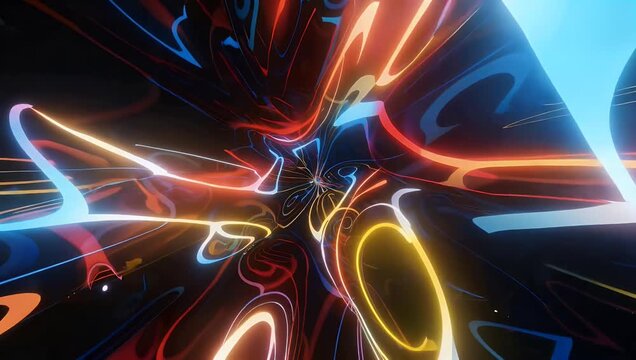 Vibrant vertical abstract background featuring defocused neon light curves and iridescent ripple textures creating fluorescent blue and red glow for trendy mobile video projects