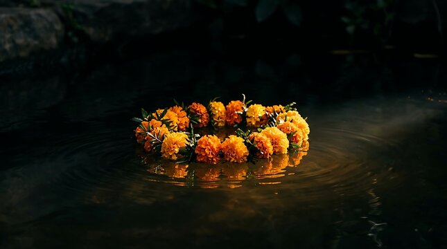 Orange marigold flower wreath floating on dark water with ripples