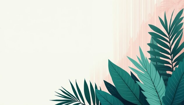 Green tropical leaves arranged on a light background. Foliage forms a border design with space for text. Botanical illustration with nature theme.