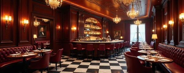 Fototapeta na wymiar Elegant bar, restaurant interior features rich wood paneling, plush red leather seating, long curved bar with liquor bottles, striking black, white checkered floor. Crystal chandeliers, wall sconces
