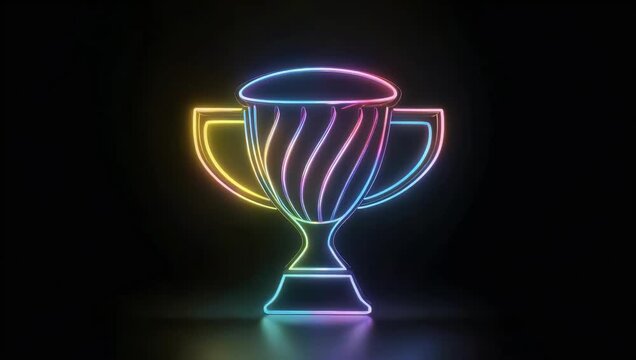 Professional 4K neon line animation of winner's trophy cup icon featuring glowing blue effect on black background for high quality award ceremonies and competitive achievement
