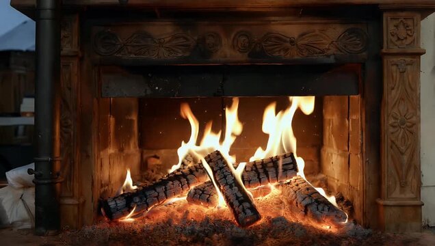 Cozy static camera footage of crackling fireplace on late winter evening capturing natural firelight to create high definition home comfort screensaver or background