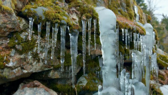 Breathtaking 4K winter cinematography featuring macro close ups of icicles hanging from rocks transitioning to high definition wide shots of snowdrifts and majestic mountain scenery