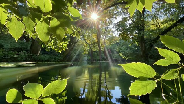 Serene 4K imagery of vibrant green leaves floating on still pond capturing high quality sunlight filtering through the canopy to create beautiful aquatic reflections