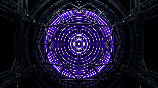 Sphere structure radiates intense purple light through a complex metallic geometric lattice frame, creating a futuristic portal effect that remains perfectly centered against a deep black background.