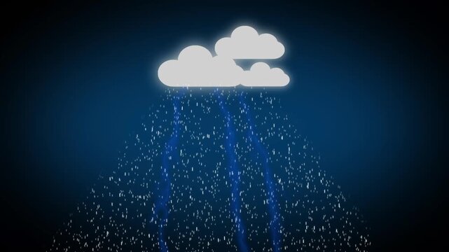 Digital cloud graphics represent industrial storm warning models. Meteorological cloud icons visualize severe weather precipitation. Climate change research with digital cloud elements.