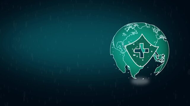 Protective shield symbol safeguards a rotating digital globe. Secure shield symbol represents international data privacy laws. Cyber security concepts utilizing a shield symbol.