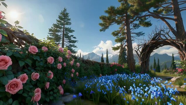 Magical 4K fantasy wallpaper animation of mystical boundary where pine trees meet bed of wild bluebells and climbing roses creating ethereal glow between two realms