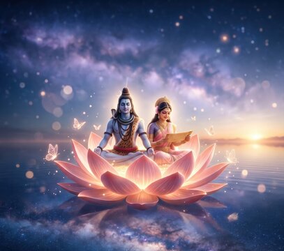 Shiva Parvati Cosmic Lotus &ndash; Sacred Divine Meditation Scene