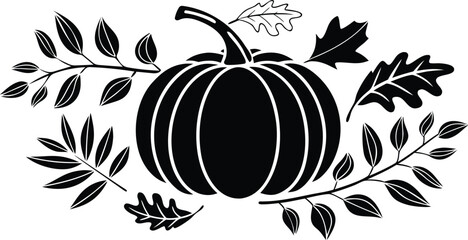 Black silhouette of a pumpkin surrounded by fall leaves © RaselCreativeWorks