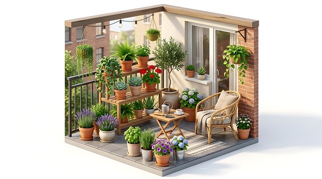 Cozy apartment balcony garden with lush potted plants and chair