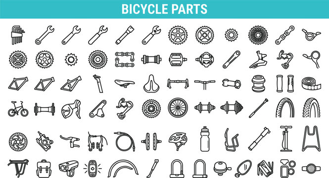 Detailed bicycle parts and cycling equipment outline icon collection featuring tools components repair and transportation accessories