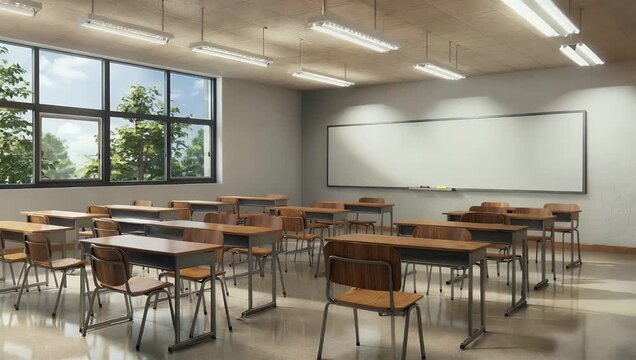 Modern 4K empty classroom or university lecture hall featuring neat desks clean whiteboard and bright window light seamless looping virtual background