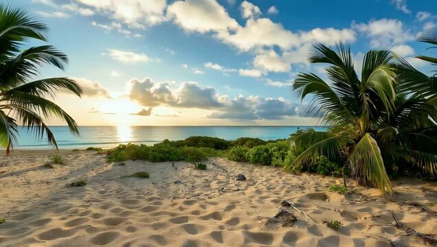 Dramatic tropical sunrise animation viewed from sandy Atlantic beach the Florida Keys featuring continuous loop of moving clouds and ocean waves