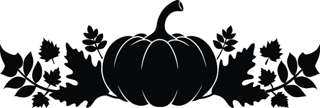 Black silhouette of a pumpkin surrounded by fall leaves