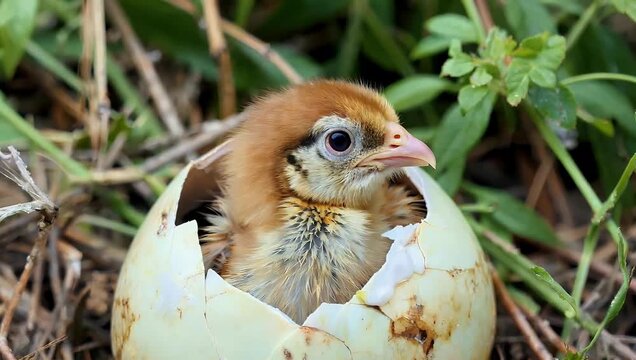 Heartwarming 4K spring visual of newborn fluffy chick peeking from its eggshell highlighting high quality nature themes and sense of fresh new beginnings