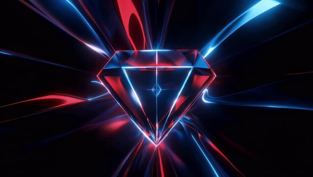 Modern neon diamond icon animation red and blue tones featuring high quality glowing effect on black background for luxury jewelry branding or futuristic digital interfaces