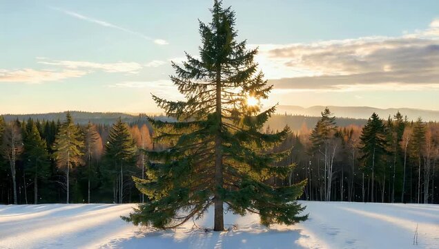 Serene 4K winter nature landscape featuring lone evergreen tree snow covered field bathed the high quality golden light of setting sun near peaceful forest