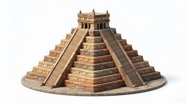 Ancient stepped stone pyramid temple model on white background