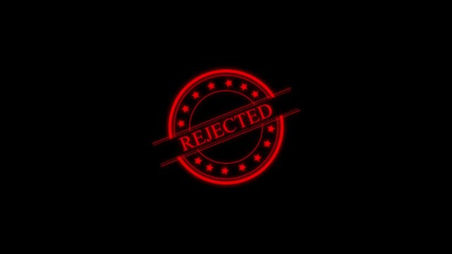 Official rejected stamp graphics represent denied application requests. Circular rejected stamp visualizes corporate document disapproval notifications. Administrative text with rejected stamp.