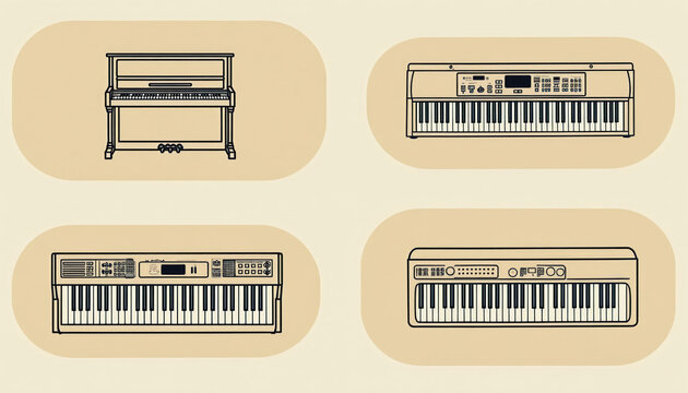 Illustration shows upright piano and three electronic keyboards. Different keys, buttons and screens visible on musical instruments. Simple line art.