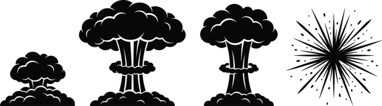 Dramatic nuclear explosion silhouette collection featuring mushroom clouds atomic blast radiation impact and destructive energy effects
