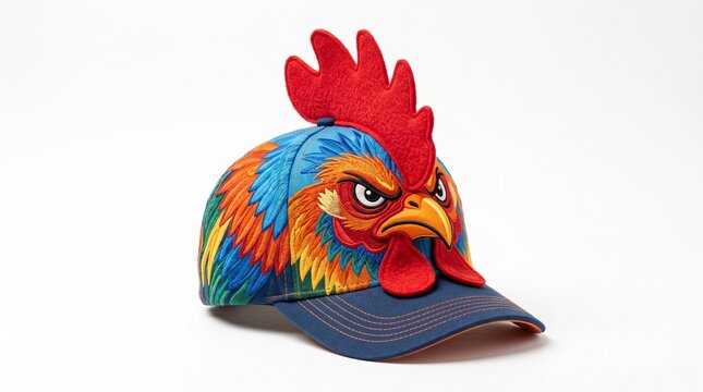 A vibrant baseball cap featuring an embroidered rooster design