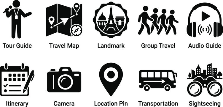 Travel icons set: tour guide, map, landmark, group, audio guide, itinerary, camera, location, transportation, sightseeing