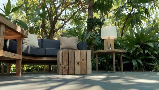 Relaxing garden footage of cozy outdoor seating area with modern sofa shot from low angle amidst high quality lush greenery for peaceful backyard video