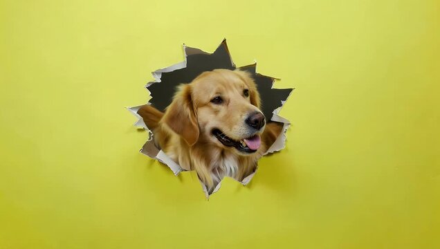 Playful studio shot of friendly golden retriever dog looking through torn hole bright yellow wall showcasing high quality animal curiosity and joyful personality
