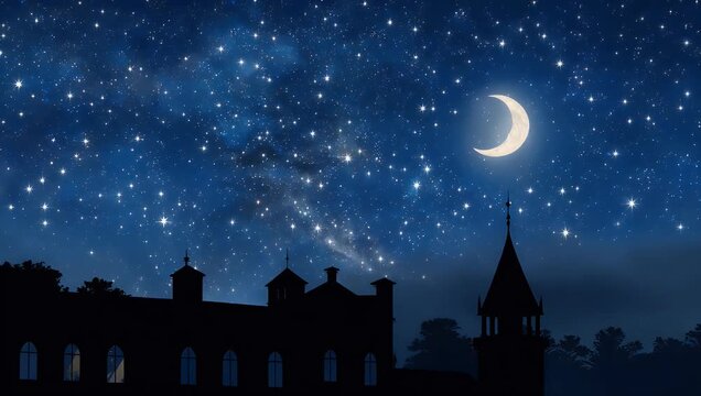Dreamy 4K 2D animated background of serene night sky with twinkling stars over city building silhouette ideal for tranquil bedtime stories and peaceful digital content