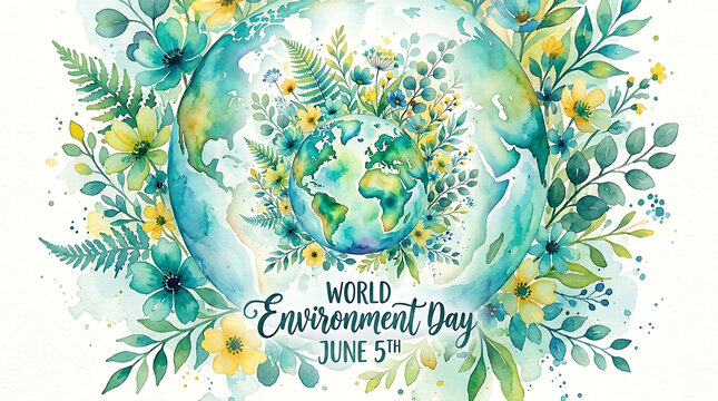 World environment day watercolor artwork with earth and abundant flowers organic design environment watercolor celebration conservation greeting biodiversity background decoration