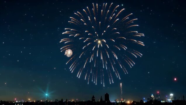 Clear 4K night sky background featuring distant stars and festive fireworks creating serene yet celebratory backdrop for business holiday greetings and festive seasonal concepts
