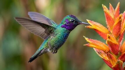Fototapeta premium Sparkling violetear hummingbird hovering and drinking nectar from a vibrant orange heliconia flower