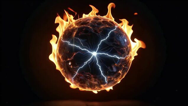 Magical 4K energy sphere animation featuring fire and lightning effects on black background provided as high quality glowing and burning effect ready for professional video design
