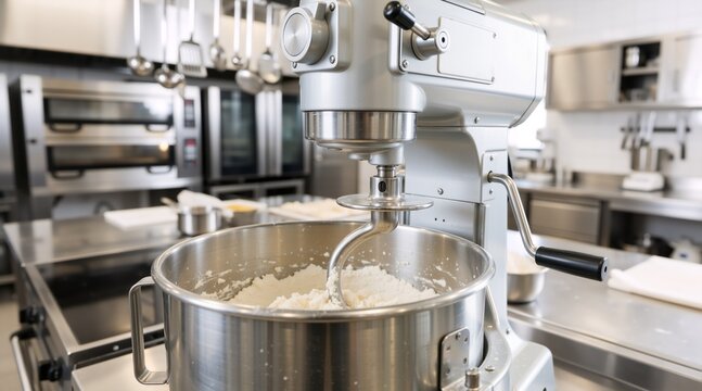 Industrial stand mixer with dough hook in professional bakery. Commercial kitchen equipment for large scale food production. Stainless steel mixing bowl