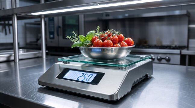 Digital commercial kitchen scale weighing fresh cherry tomatoes. Professional food portion control equipment. Stainless steel precision scale in restaurant