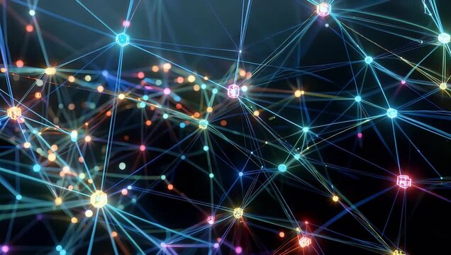 Global 4K networking concept on dark background featuring neon lights blockchain data fields and 3D world map connected by high speed big data lines