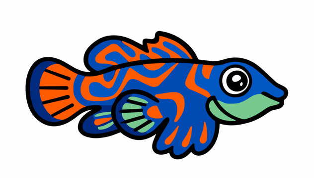 Vibrant blue and orange mandarin dragonet fish with intricate swirling patterns and large eyes in colorful cartoon vector illustration on transparent background.