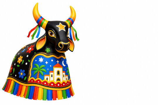 Handcrafted Brazilian Bumba Meu Boi bull figure, isolated on a white background. Perfect for cultural festival themes.