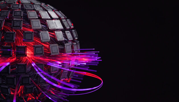 A high-tech soccer ball woven from glowing fiber-optic cables and micro-chips, pulsing with red and violet data signals. Left-aligned subject