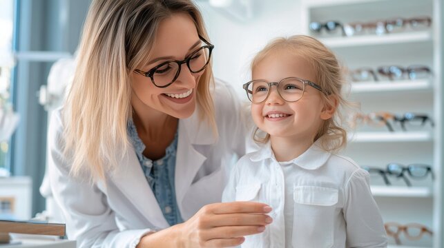 Smiling mother helping young child try prescription eyeglasses in modern optical store during pediatric vision care visit