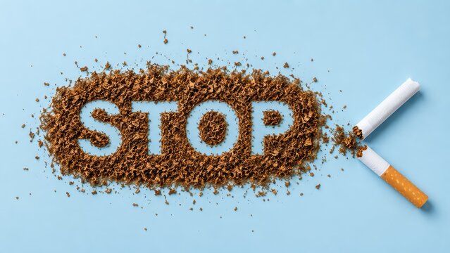 Cigarette break with tobacco spelling stop on blue background, no tobacco day focus, tobacco harm reduction concept, quitting smoking effort, nicotine addiction awareness, health promotion strategy