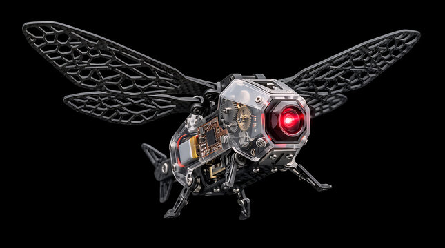 Robotic dragonfly drone displays a complex internal motherboard and a singular bright red eye while hovering in midair, demonstrating the fusion of natural biomimicry and advanced electronic design.