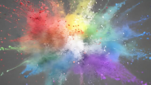 Ultra-slow motion video of colorful powder erupting against white, then luminous white silhouetted against black, abstract explosion concept.