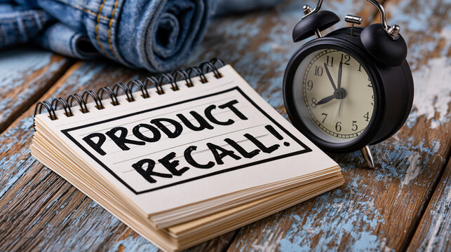 A notebook with product recall written on it next to an alarm clock