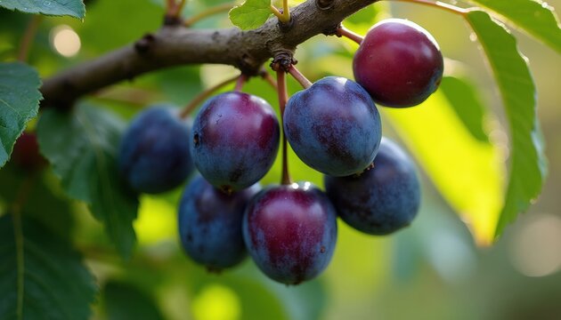 Macro close-up of ripe purple damsons on a tree branch. Fruit with green leaves ripen in early autumn sunlight. Healthy organic food from nature.